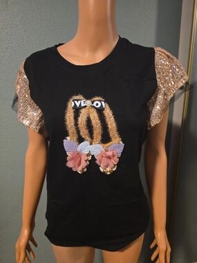 Girls Black Tee with Rose Gold Sequin Puff Sleeves and Floral Appliqué